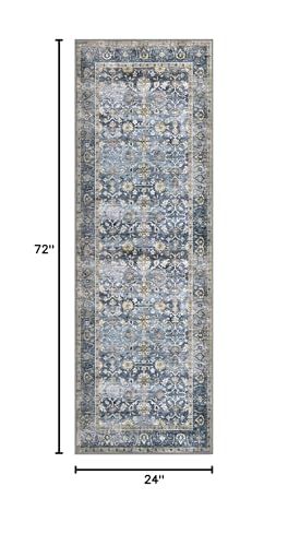 Vintage Washable Runner Rug 2x6 - Non-Slip Distressed Floral Hallway Carpet