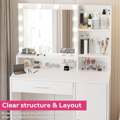 Vanity Desk with Mirror and LED Lights, Dressing Table with Storage Drawers