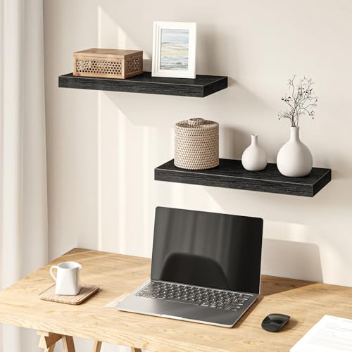 Black Floating Wall Shelves - Set of 2, 15.7 Inch Wood Storage Display Shelves