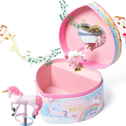 Heart-Shaped Musical Jewelry Box for Girls with Twirling Unicorn Figurine