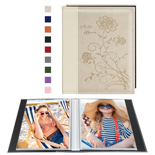 5x7 Photo Album with Leather Cover, Holds 50 Vertical Photos, Beige