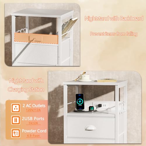 White End Table with Charging Station, 2 Fabric Drawers & USB Ports