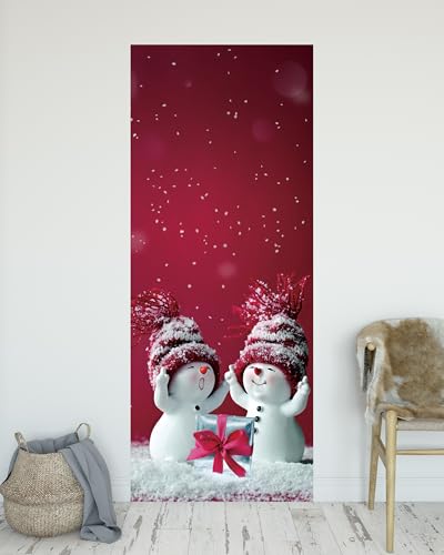 Mt5968 32x80 Christmas Door Sticker Snowman Scene Red Ornaments Waterproof Peel & Stick