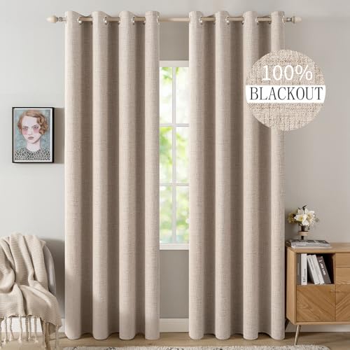 MIULEE 100% Blackout Linen Curtains 52x84 Inch Beige 2 Panels
