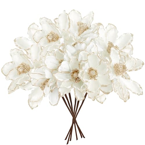 White 10Pcs Christmas Glitter Poinsettia & Velvet Magnolia Flower Ornaments - DIY Floral Picks