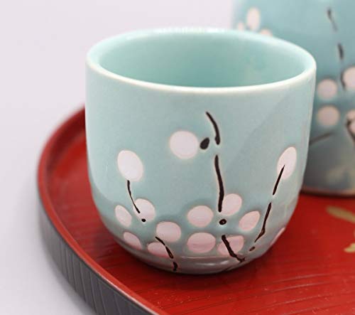 White Flower on Blue Japanese Ceramic Sake Set 5 Piece Tokkuri & Ochoko Cups