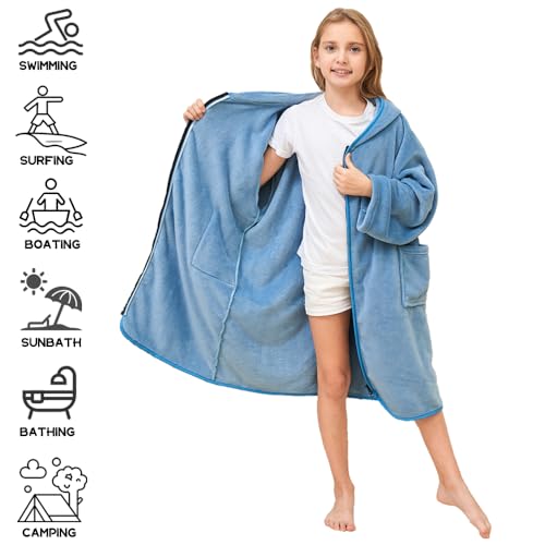 Hiturbo Kids Hooded Surf Poncho Towel - Fleece Changing Robe (Ages 7-12)