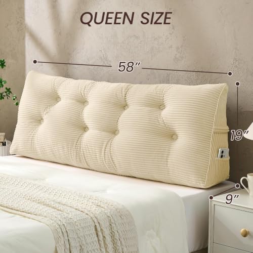 Queen Headboard Pillow with Side Pockets - Ergonomic Wedge Support
