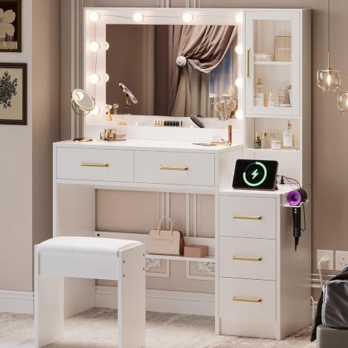 Modern Farmhouse Vanity Desk with Lighted Mirror, Charging Station & Drawers
