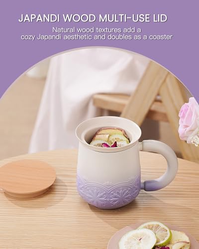 ZENS 12oz Purple Tea Mug with Infuser & Wooden Lid – Handcrafted Ceramic, Oolong & Loose Leaf Compatible