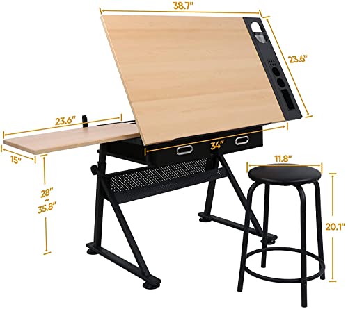 Adjustable Drafting Table with 2 Storage Drawers and Stool