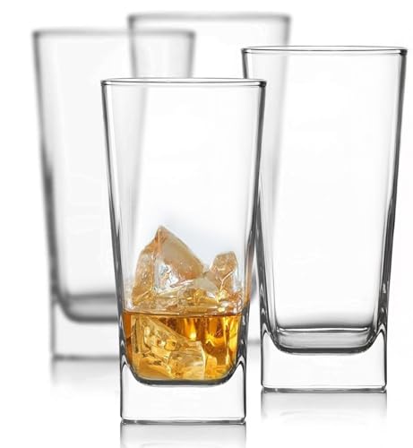 Square Drinking Glasses Set of 4, Tall Durable Glass Tumblers for Kitchen