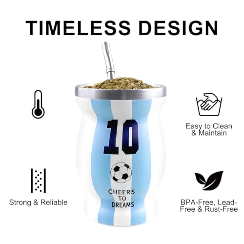 White Argentina Captain No.10 Yerba Mate Cup 8oz Double Wall Stainless Steel GDEIZY