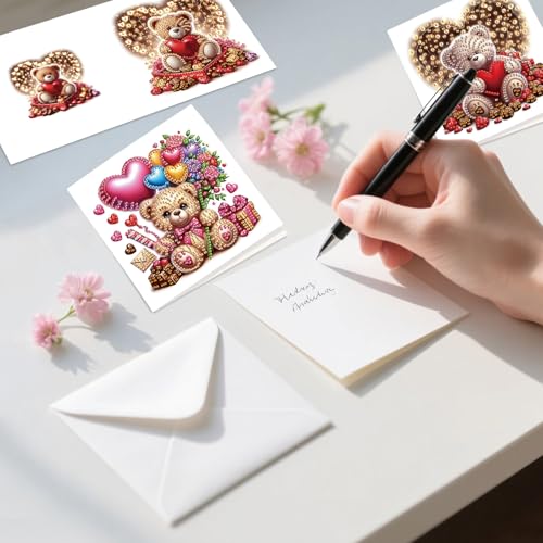 MVVMTOP 6pcs Diamond Painting Greeting Card Kit with Bear & Balloon Envelopes (DIY Xmas Birthday Thanksgiving)