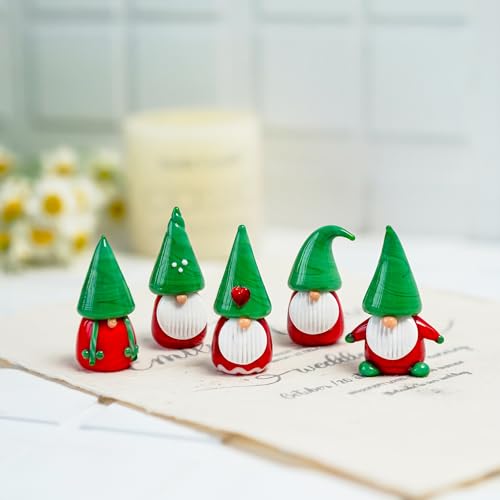 H&D HYALINE & DORA Gnomes Christmas Decorations Ornaments 5Pcs Mini Blown Glass Gnomes Figurines Handmade Glass Xmas Figurines for Tree, Santa and Gnome Party Supplies