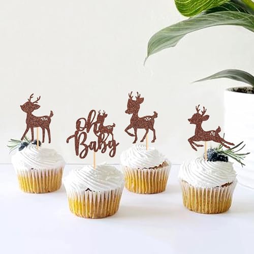 Ercadio 36Pcs Cute Sika Deer Cupcake Toppers Pattern-1 for Woodland Christmas Baby Shower