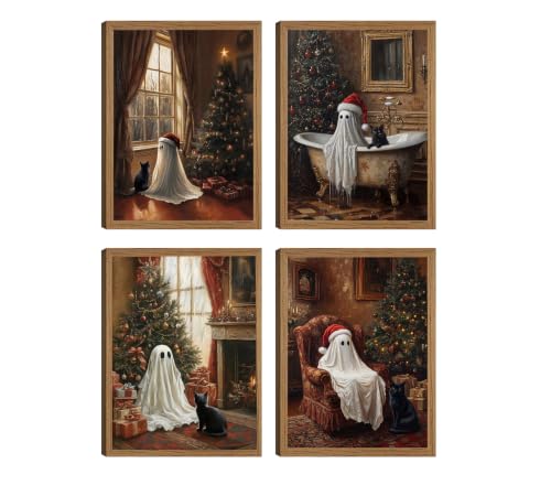 Vintage Christmas Ghost and Black Cat Wall Art Set - Framed 12x16 Inches - Variation of THIS listing