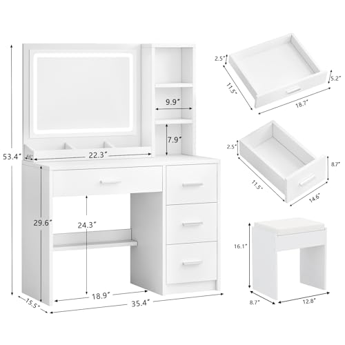 Vanity Desk with Mirror and Lights, 4-Drawer Makeup Table Set with Bench