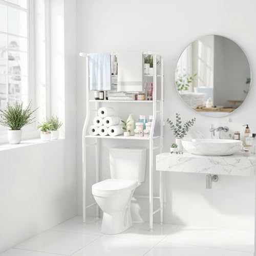 3-Tier Over-the-Toilet Storage Rack with Towel Bar, White Iron Shelf