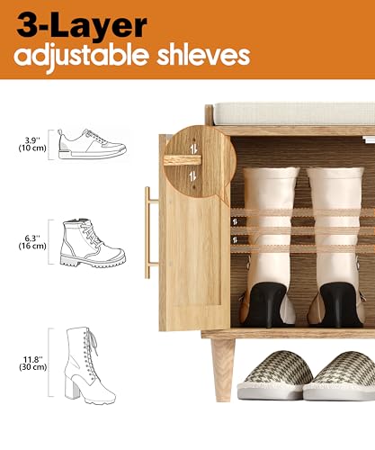 Rattan Shoe Storage Bench with Padded Cushion and Adjustable Shelves