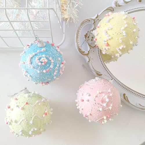 Pastel Glitter Foam Christmas Ornaments 12-Piece Set, Shatterproof Balls in Pink, Blue, Yellow & Mint