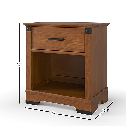 Child Craft Redmond Nightstand in Coach Cherry - Rustic Nursery Bedside Table with Drawer & Shelf