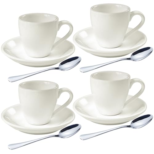 homEdge White Porcelain Espresso Shot Cup Set with Saucers & Spoons - 80ml, Pack of 4