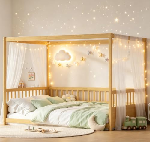 Full Size Montessori House Bed Frame with Canopy and Safety Guardrails