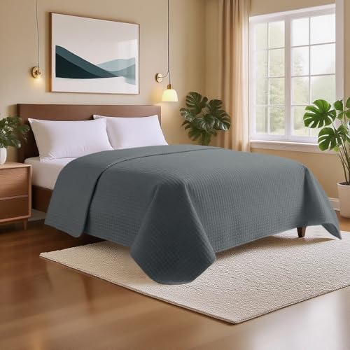 Luxury Checkered Microfiber Quilt Bedspread - Full/Queen, Dark Grey