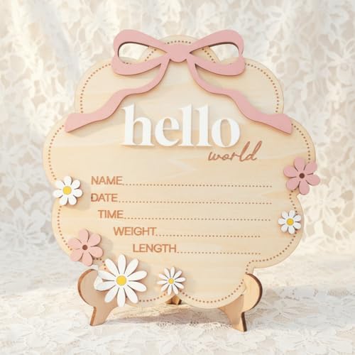 Wooden Baby Birth Announcement Sign - Cloud Shape with Pink Bow