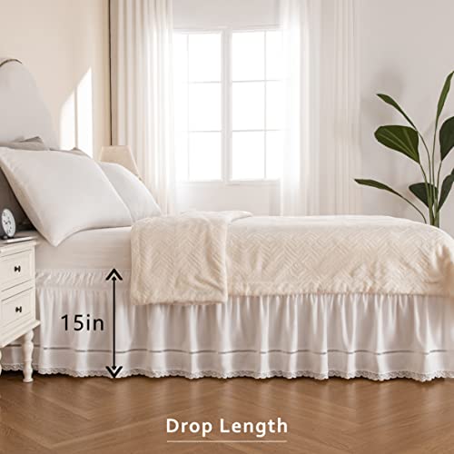 Wrap Around Ruffled Lace Bed Skirt - Elastic Dust Ruffle (15-Inch Drop, White)
