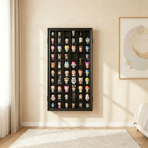 52-Slot Shot Glass Display Case, Wall-Mount Lockable Wooden Cabinet