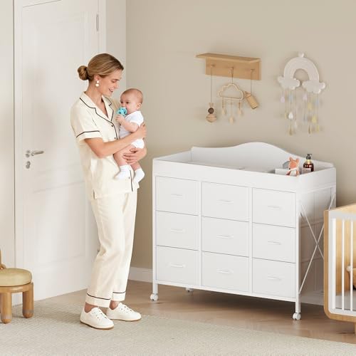 Mobile Baby Changing Table with 9 Storage Bins and Waterproof Pad, White