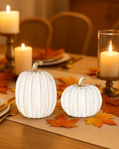 Set of 2 White & Gold Decorative Pumpkins for Fall Decor