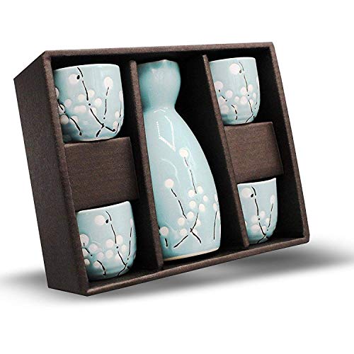 White Flower on Blue Japanese Ceramic Sake Set 5 Piece Tokkuri & Ochoko Cups