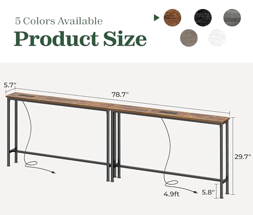 78.8-Inch Narrow Sofa Console Table with Charging Station, Rustic Brown