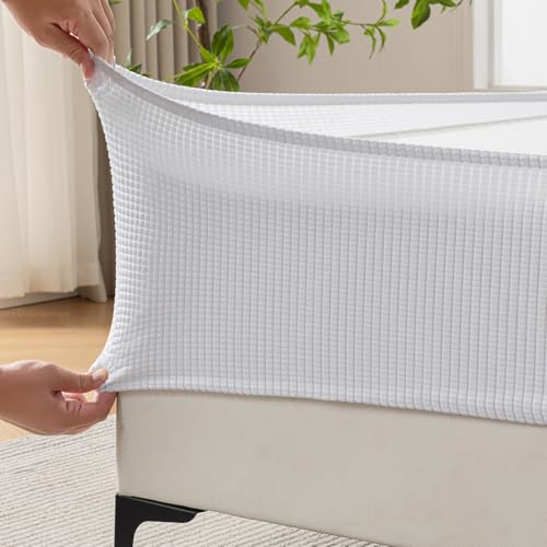 Jacquard Box Spring Cover - Stretchy Wrap Around Bed Skirt, Queen, White