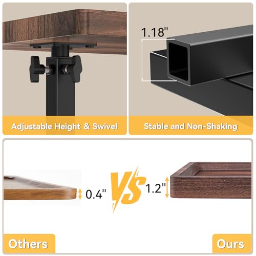 Adjustable C-Shaped End Table - Rolling 360° Swivel TV Tray, Walnut