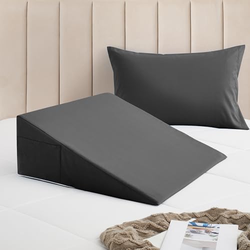 Horbaunal Dark Grey Bed Wedge Pillow Cover 26 x 25 x 7.5 Inch, Microfiber Slipcover with Side Pockets