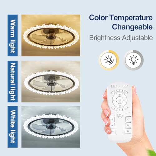 FTZVRD Ceiling Fans with Lights, 20 Inch Ceiling Fan with Light and Remote, Low Profile Reversible Black Fandelier Ceiling Fan, Dimmable LED, Flush Mount, DC Motor, for Bedroom, Kitchen, Office