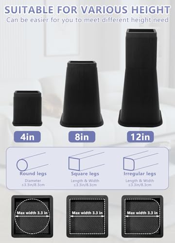 Heavy Duty 8-Inch Bed Risers - 4 Pack Durable Furniture Lifts (Black)