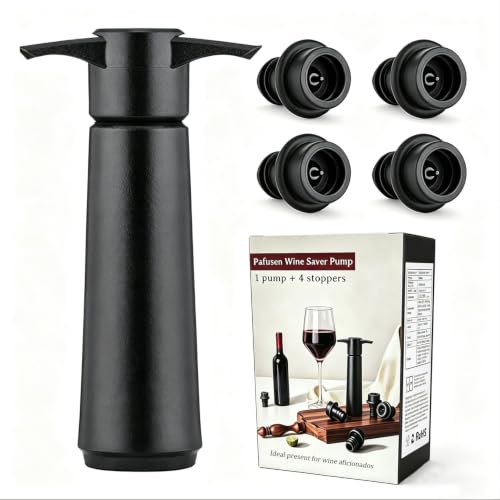 Pafusen Vacuum Wine Stopper Set with Pump, 4 Reusable Stoppers, Black - Keeps Wine Fresh 7 Days