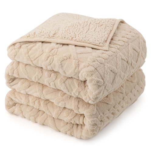 15lb Queen Size Weighted Blanket - Soft Jacquard Sherpa Beige Throw