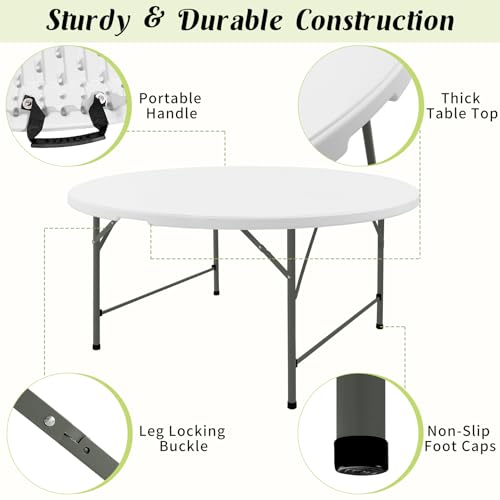5ft Round Folding Table, Portable Fold-in-Half Plastic Picnic Table