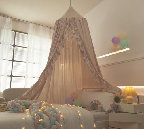 Ruffled Bed Canopy for Girls - Hanging Dome Princess Curtain & Play Tent (Ivory)