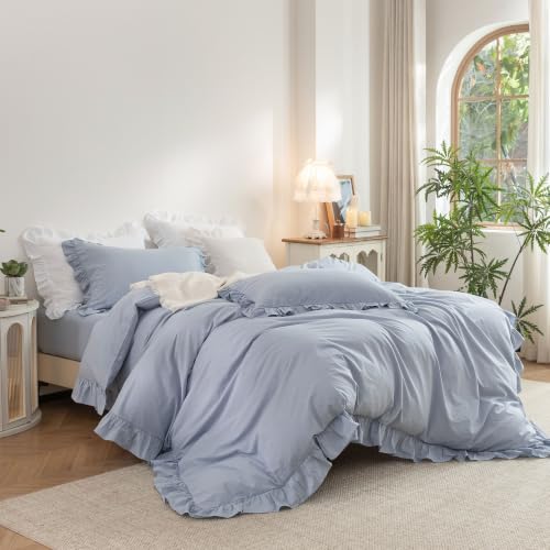 Ruffle Duvet Cover Set Queen - 100% Washed Cotton, 3 Pieces