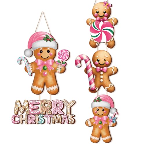 Pink Gingerbread Man Christmas Wooden Door Sign - Holiday Decor, 20.5 x 6.2 inches