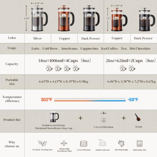 French Press Coffee Maker 34 oz - Plastic-Free Glass & Stainless Steel