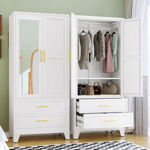 71-Inch Metal Wardrobe Closet with Mirror, 2 Drawers and Adjustable Shelves