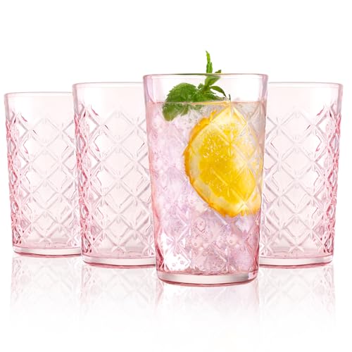 Pink Vintage Cross Hatch Highball Glass Set of 4, 15.5oz Drinking Water & Cocktail Glasses